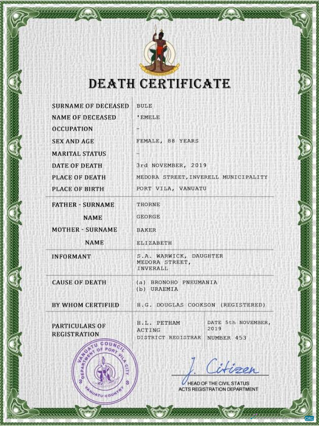 Download Vanuatu vital record death certificate PSD template Photoshop template